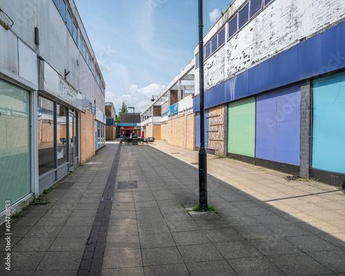 Run down and boarded up shopping precinct prior to being rejuvenated in an English town centre.