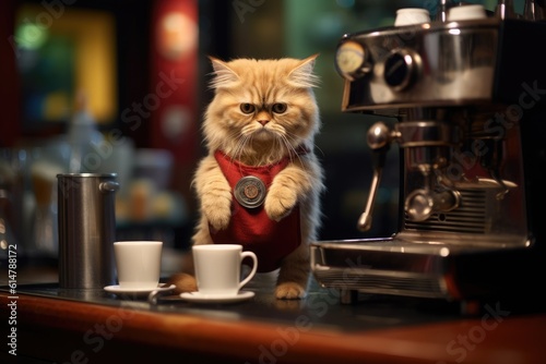Cat barista in cafe.Generative Ai