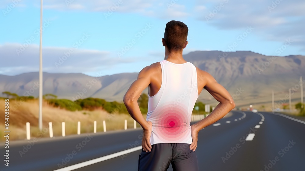 Man suffering from low back pain while doing walking exercise. AI ...