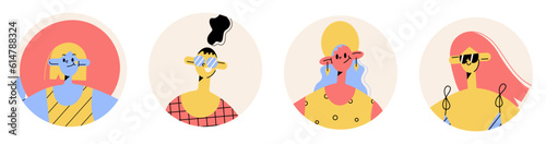 Circle the avatars with the happy girls faces.Portraits of girls different races. A set of user profiles. Round badges with happy smiling woman. Color flat vector illustration