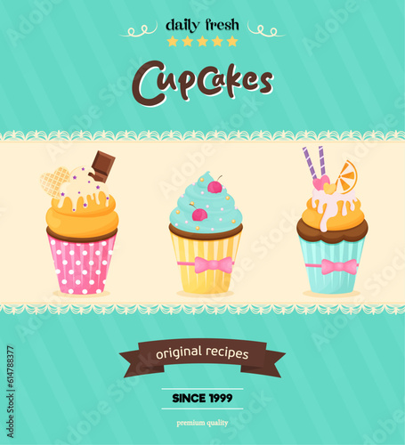 Card with cupcakes. Bakery shop. Background with cupcakes. Vector illustration in a flat style.