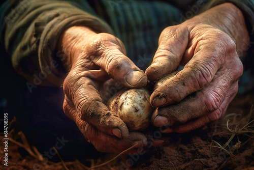 The hands of a farmer checking the potatoes in the field.AI generative.