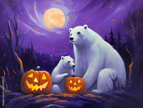 Halloween Polar Bears with Jack o Lantern Pumpkins in Purple Skies