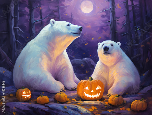 Halloween Polar Bears with Jack o Lantern Pumpkins in Purple Night Skies