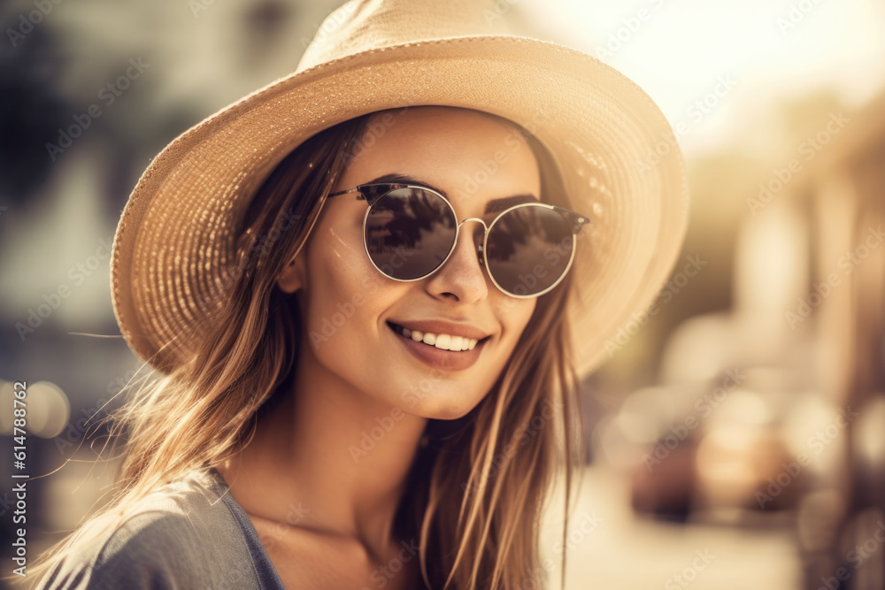 portrait of young woman in summer resort, travel concept. Young woman in hat traveler enjoying summer vacations. generative AI