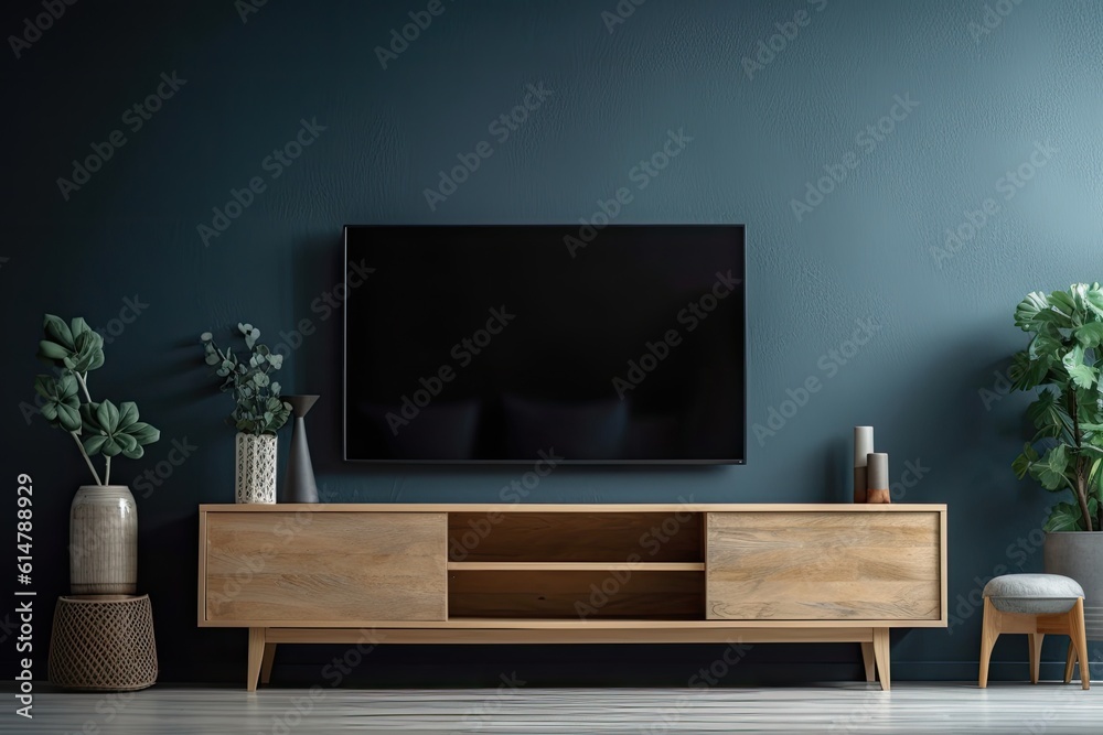 TV cabinet with sparse decorating on a background of a dark blue wall. Generative AI