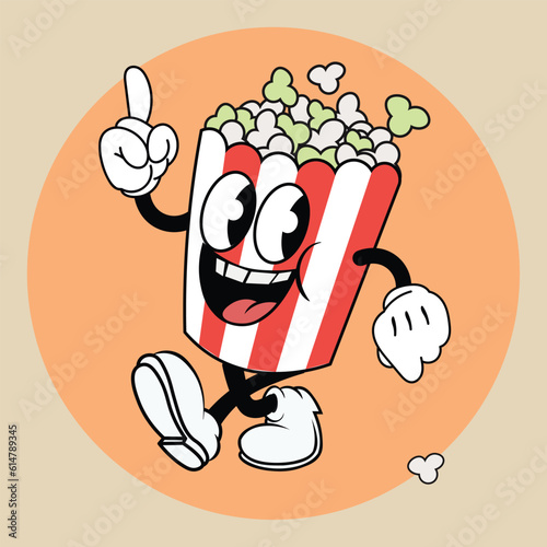 Vintage cartoon pop corn mascot, classic rubberhose style character, vector