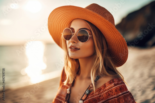 Young woman on a sea vacation. Portrait of a young woman in hat and sunglasses at a seaside resort. Generative AI 