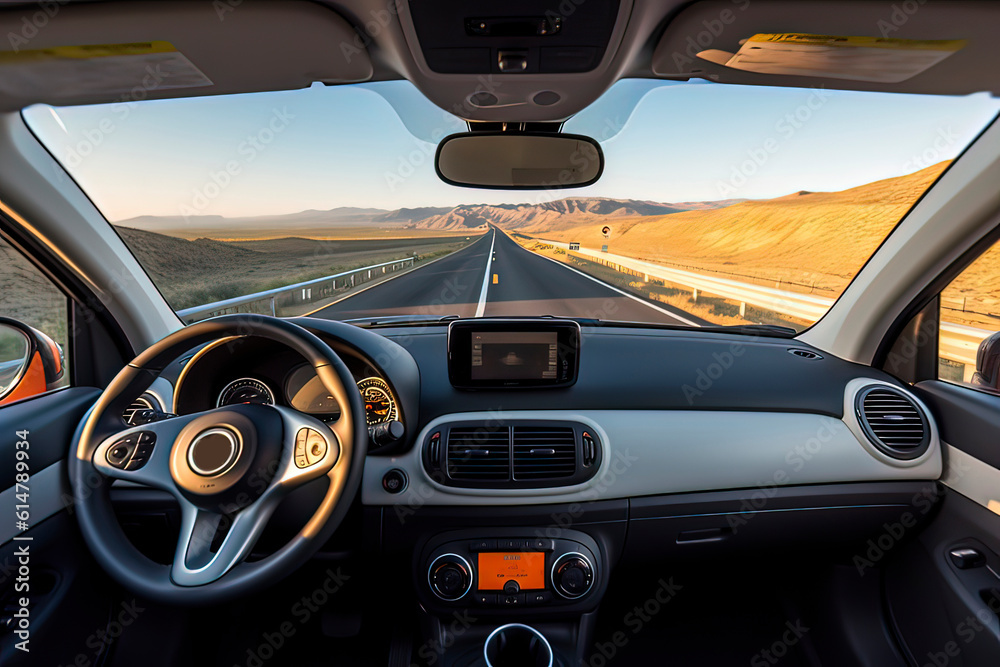 Cab of driverless vehicle. AI technology generated image