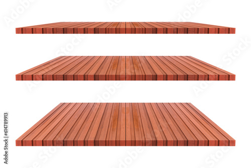 Set of brown wood shelves isolated on transparent background.