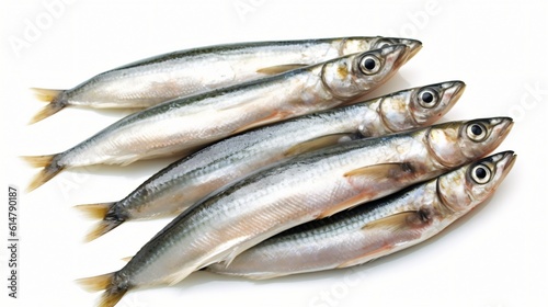 five anchovies arranged against a pristine white background