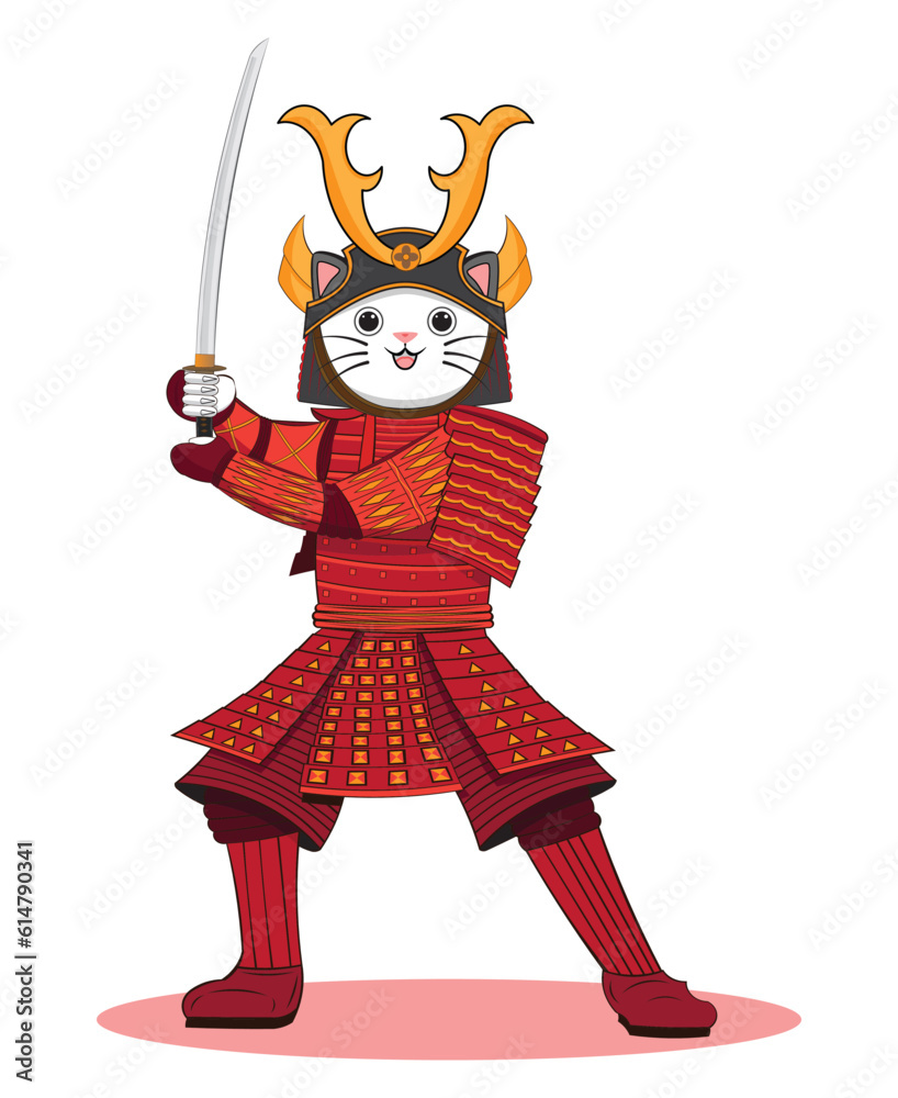 Cute funny cat dress in red armor Japanese samurai or ninja holding Katana sword drawing in colorful cartoon vector