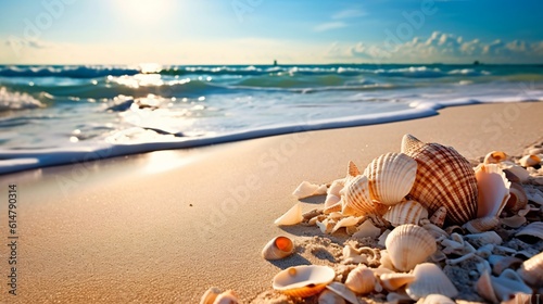 seashells lie scattered across the sand