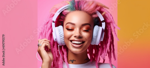 Smiling young cute afro woman with headphones and colorful dreadlocks on hair. Image generative AI.