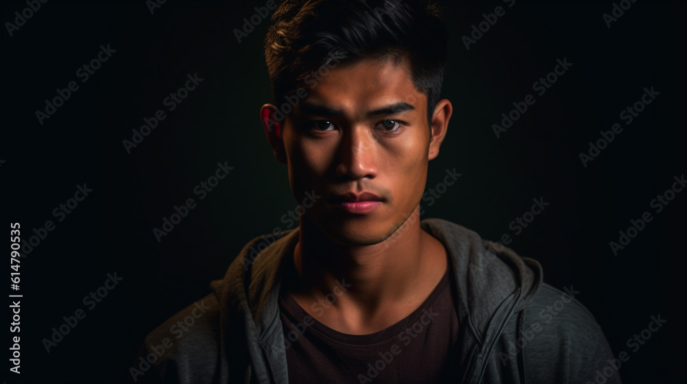 portrait of an american asian pacific islander young man in low key. Image generative AI.