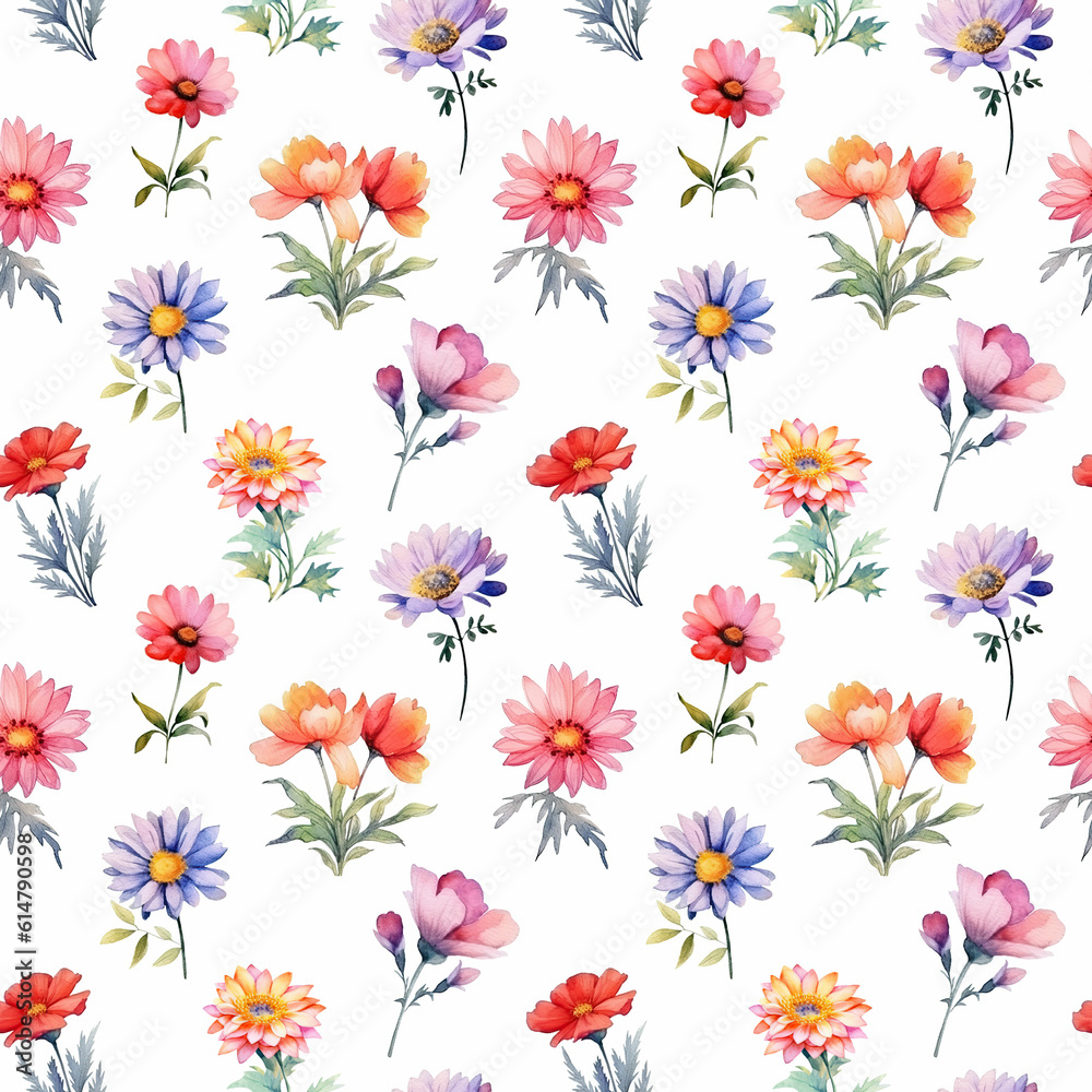 Seamless pattern of flowers on a white background. Colorful flowers background. Vector illustration of floral design for wallpaper, curtain, textile