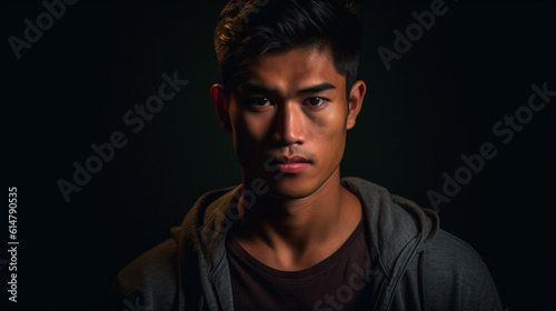 portrait of an american asian pacific islander young man in low key. Image generative AI. photo