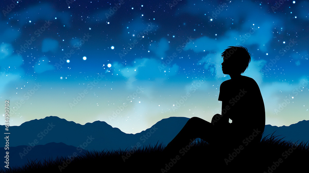 星空を眺める少年のシルエット　Generative AI