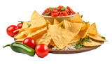 a pile of crispy tortilla chips on a tray with a transparent background