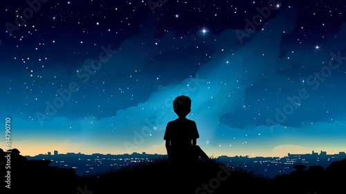星空を眺める少年のシルエット　Generative AI © Hanasaki