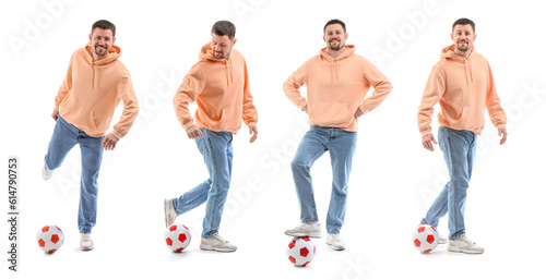 Man playing with soccer ball on white background