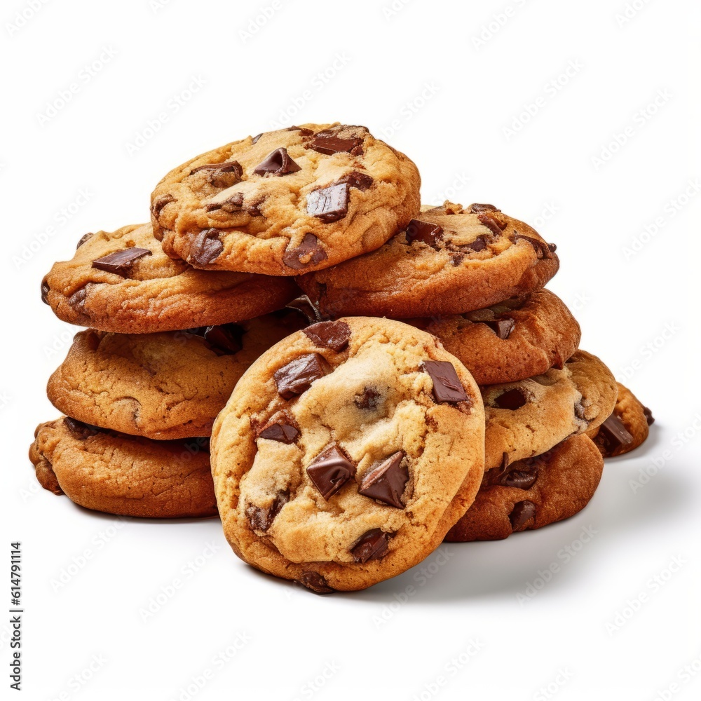 Illustration of a delicious stack of homemade chocolate chip cookies on a plain white background created with Generative AI technology