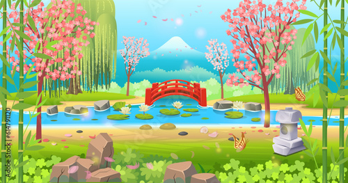  Japanese garden with a river, a lake, a red bridge, cherry blossoms and a stone lantern. Beautiful landscape, scene in cartoon style.