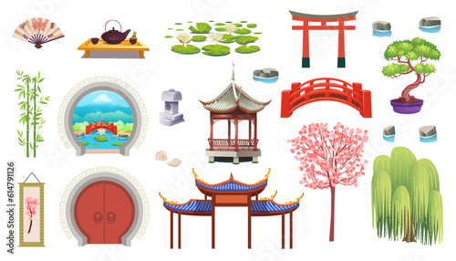 Japanese set of Japanese stone lantern, sakura, bonsai, round open door, garden bridge, water lilies, fan