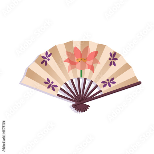 Open Japanese fan with a lotus on a white background. Cartoon style