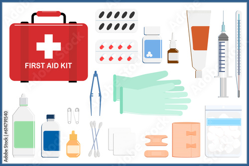 Vector illustrations of First aid kit box and first aid equipment such as saline solution, rubbing alcohol, gauze, bandages, cotton balls, carbon, gloves and glass thermometer etc. Flat design.