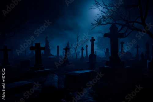 Graveyard with tombstones at night, Halloween background, Generative AI