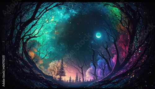 anime magical space forest wallpaper with delusion and illusion effect generative ai photo