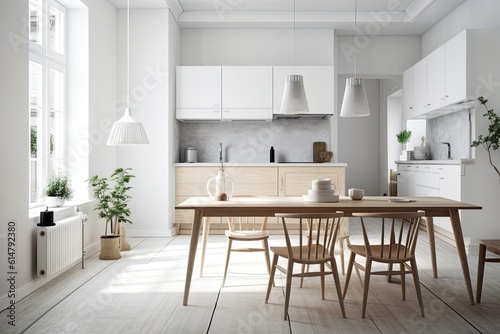 Scandinavian minimalist kitchen following restoration in new home. Dishes  a table  and chairs are all white and are in a room with a light wall. Promotional offer and design related blogs about nobod