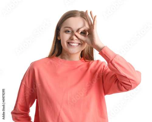Young woman in red sweatshi...