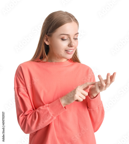 Young woman in red sweatshi...