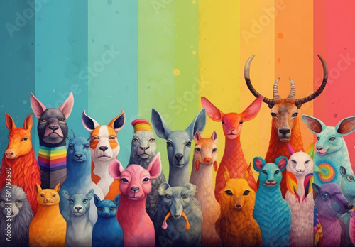 diferent animals as people in row, vibrant color, diversity and inclusion, world animal day concept photo