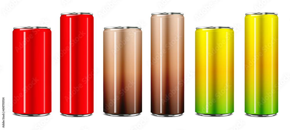 Blank aluminum can isolated on white background realistic color vector mock-up set. Drink tin can packaging mockup. Easy editable vector illustration Blank aluminum can isolated on white background realistic color vector mock-up set. Drink tin can packaging mockup. Easy editable vector illustration