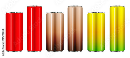 Blank aluminum can isolated on white background realistic color vector mock-up set. Drink tin can packaging mockup. Easy editable vector illustration