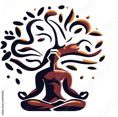 A stylized vector representation of a man meditating under a tree