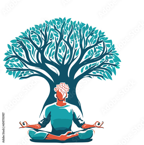 A stylized vector representation of a man meditating under a tree