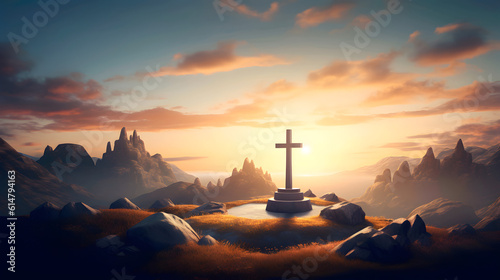 Christian cross on hill at sunset. AI generated