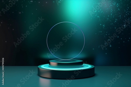 Round Podium/platform with multicolor glitter effect. Advertising or award ceremoney. Show and sale background. Realistic podium for product dislpay and presentation photo