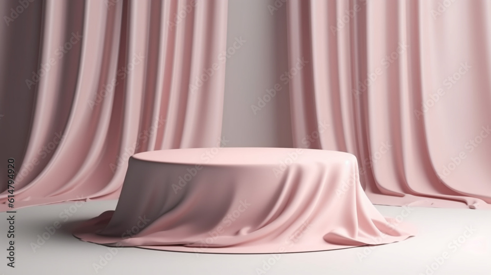 soft pink fabric covered podium display for cosmetic product presentation, pedestal or platform on white luxury background.