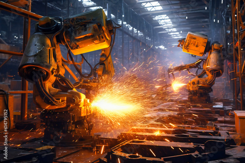 Industrial robot welding metal in a factory