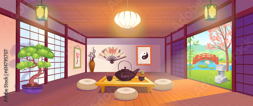 japanese room with a big window, cups and teapot on table, garden view, fan, bonsai. Japanese tea ceremony. Cartoon style
