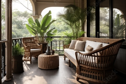 Conceptual Illustration of a Cozy Veranda Terrace Interior Design with wooden furnitures. Generative AI. © Tuyres