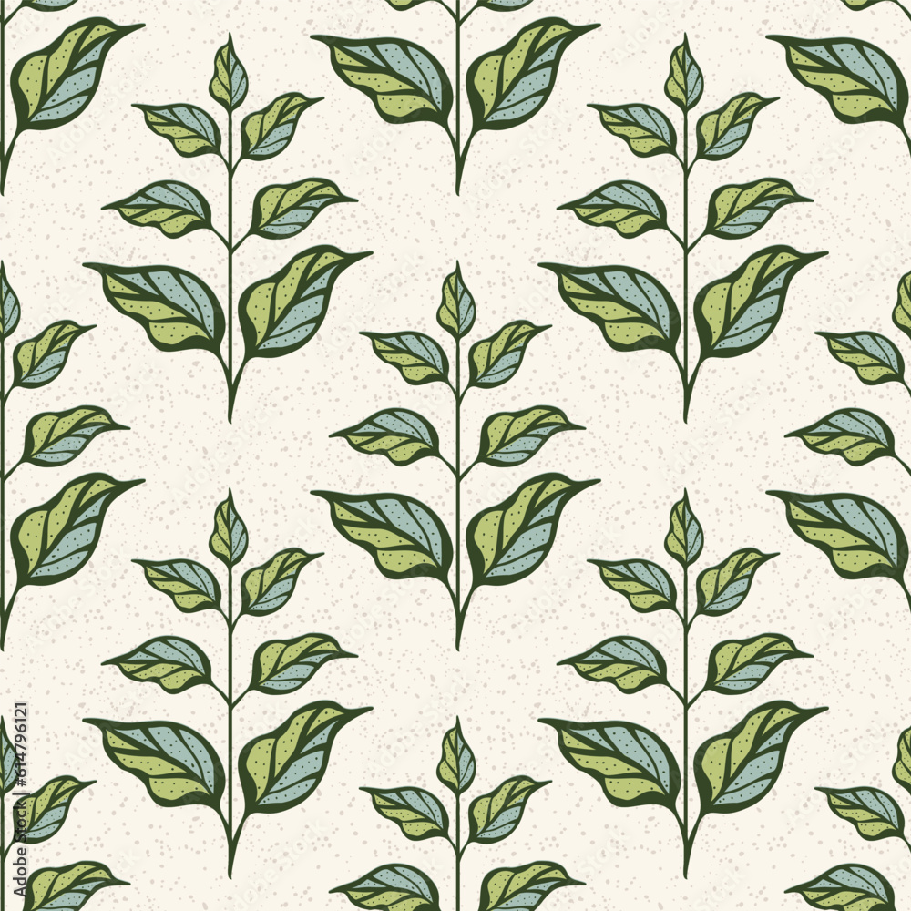 Stylized shape leaf on stems seamless vector pattern background. Green cream white vintage offset geometric foliage on dot textured backdrop. Damask style layout. Line art repeat for botanical concept Stylized shape leaf on stems seamless vector pattern background. Green cream white vintage offset geometric foliage on dot textured backdrop. Damask style layout. Line art repeat for botanical concept