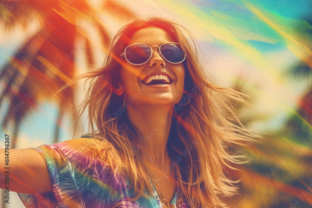 Portrait of happy woman in sunglasses, smiling and raising her hands. Woman enjoys life. Freedom and carelessness. Created with Generative AI