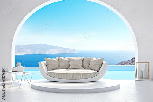 Interior of modern living room sofa or couch with beautiful sea view. Generative AI