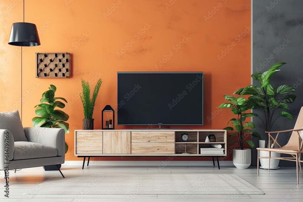 TV on the orange wall with a TV table and floor mounted flower pots. Generative AI